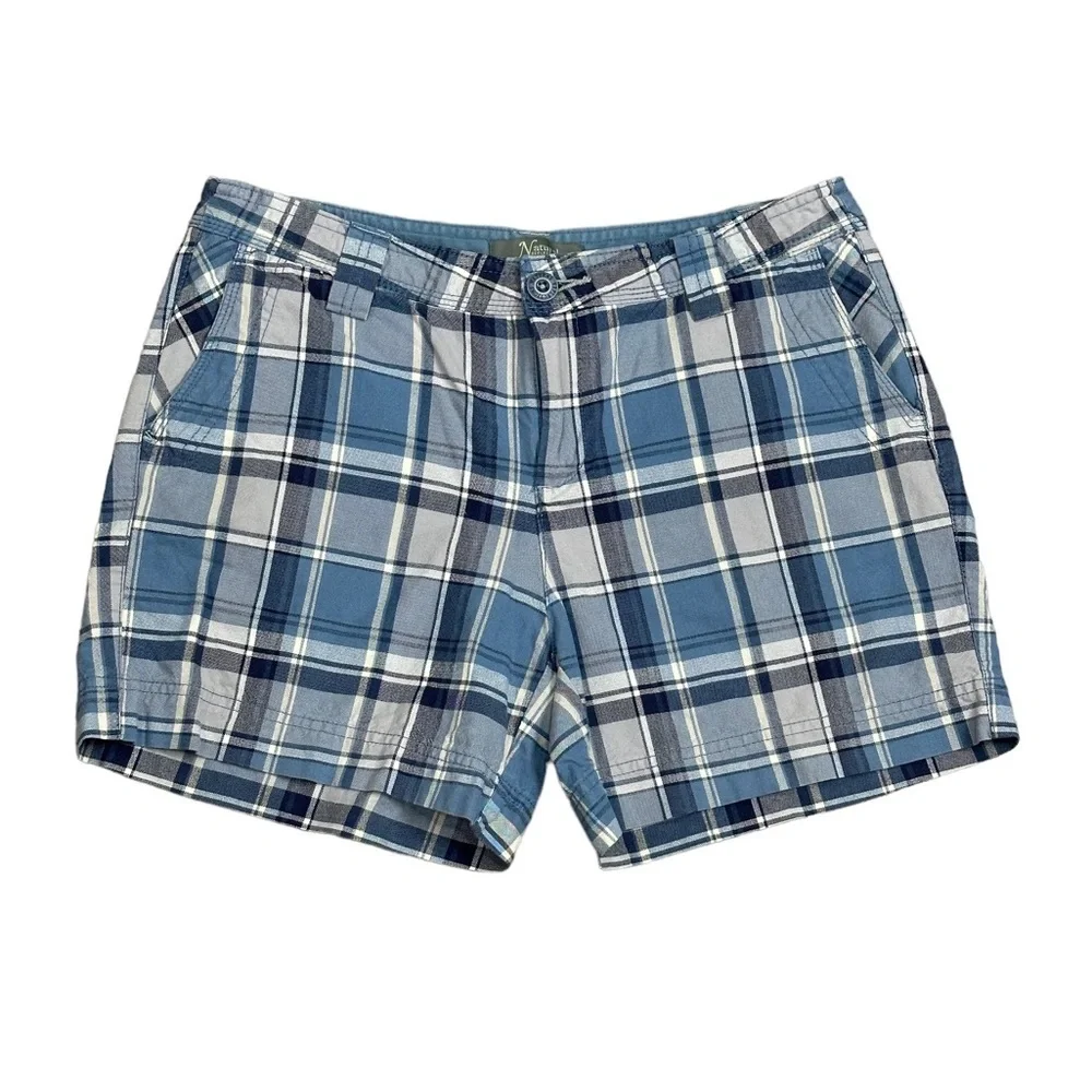 Women’s Natural Relflections 8 Medium Shorts Plaid Blue Chino Khakis 4 Pockets - Picture 3 of 8